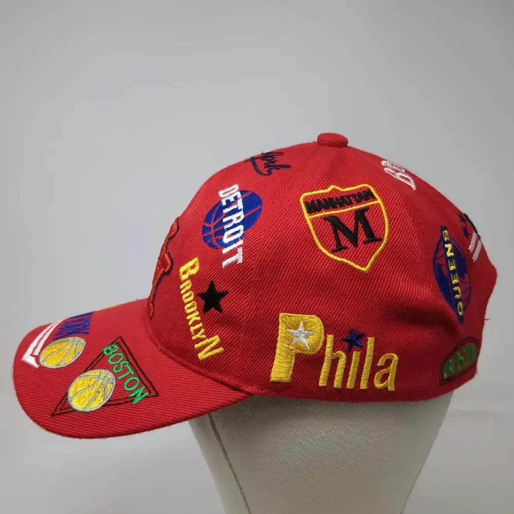Red Baseball Cap One Size Multi-City Basketball Embroidery Strapback NY Chicago